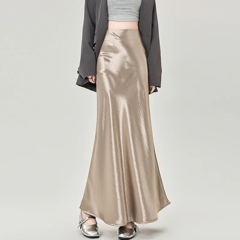 

Black High Waist Acetate Satin Office Long Skirt Women Clothing Spring Summer Elegant Trumpet / Mermaid a Line Casual Skirts