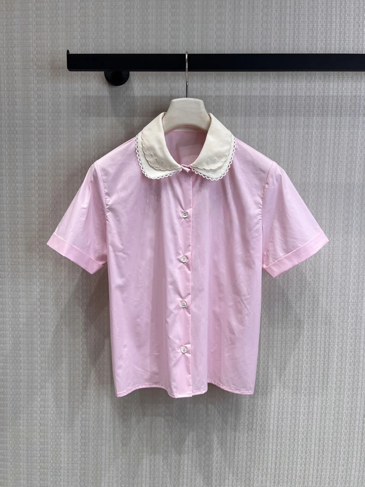 

Detachable Doll Collar Short Sleeve Pink Shirt Women's Fashionable Versatile Slimming Top Commute Style Loose Fit Pure Cotton