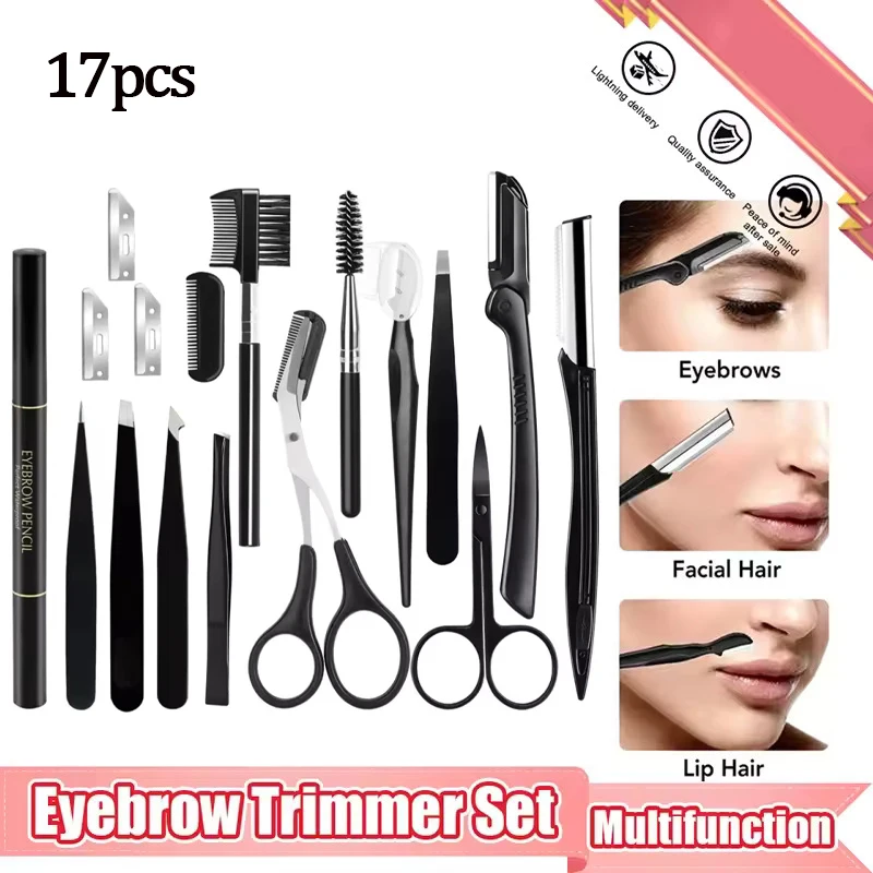 

17Pcs Black Eyebrow Trimming Scissors Stainless Steel Tweezers Eyebrow Scraping Eyebrow Comb Eyebrow Clip Makeup Tools Sets
