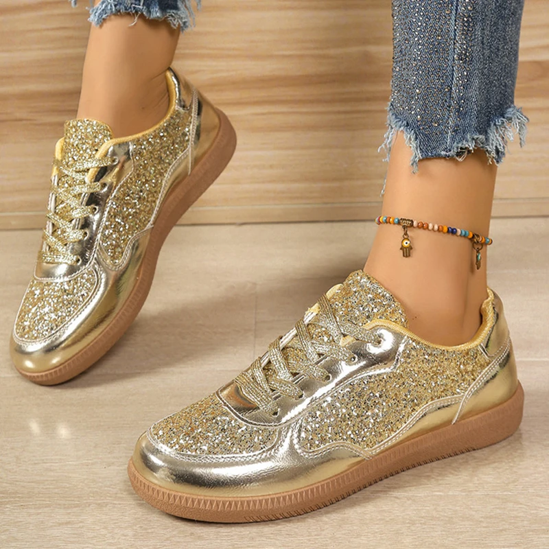 

Thick-soled Sequined Comfort Sneakers Women New Fashionable and Versatile Casual Shoes Low-top Lace-up Flat-soled Trendy Shoes