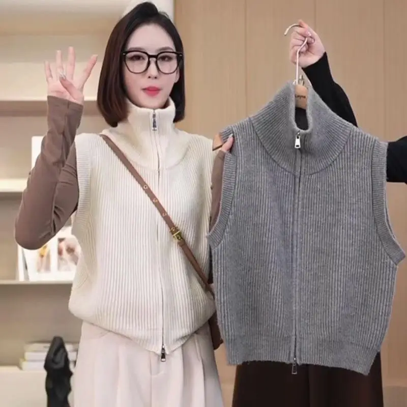 Women's High Collar Knitted Vest Outerwear Zipper Shoulder Pad Loose Winter Layering Korean Style Fashion Commute Wind