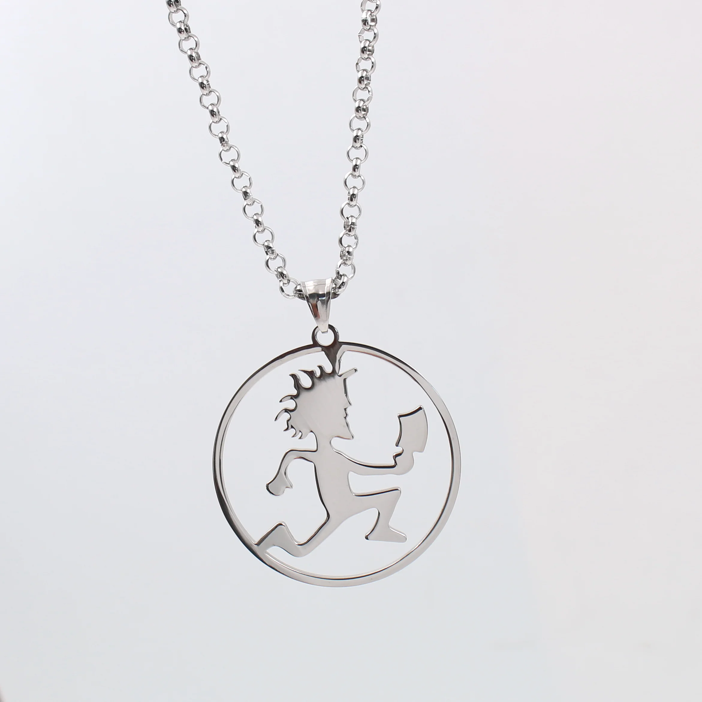 Silver Juggalo Circled Hatchetman Charm Stainless Steel ICP Hatchet Man Pendant Necklace Rolo Chain