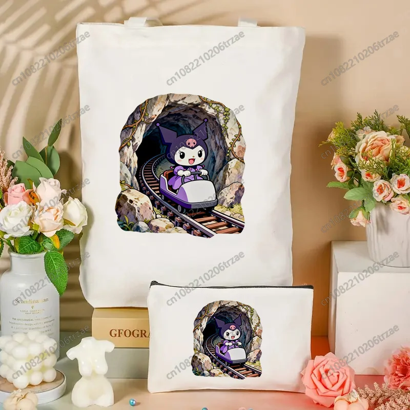 

Sanrio Kuromi Amusement Park Collection Canvas Bag Totes Set Simple Printed Shopping Bags Girls Life Casual Pacakge Makeup Bag
