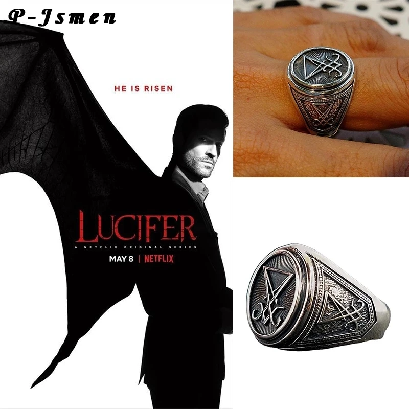 Lucifer Morningstar แหวนคอสเพลย์ Props ซาตานแหวนเครื่องประดับ Vintage Goth ซาตาน Signet แหวนสแตนเลสโลหะอุปกรณ์เสริม