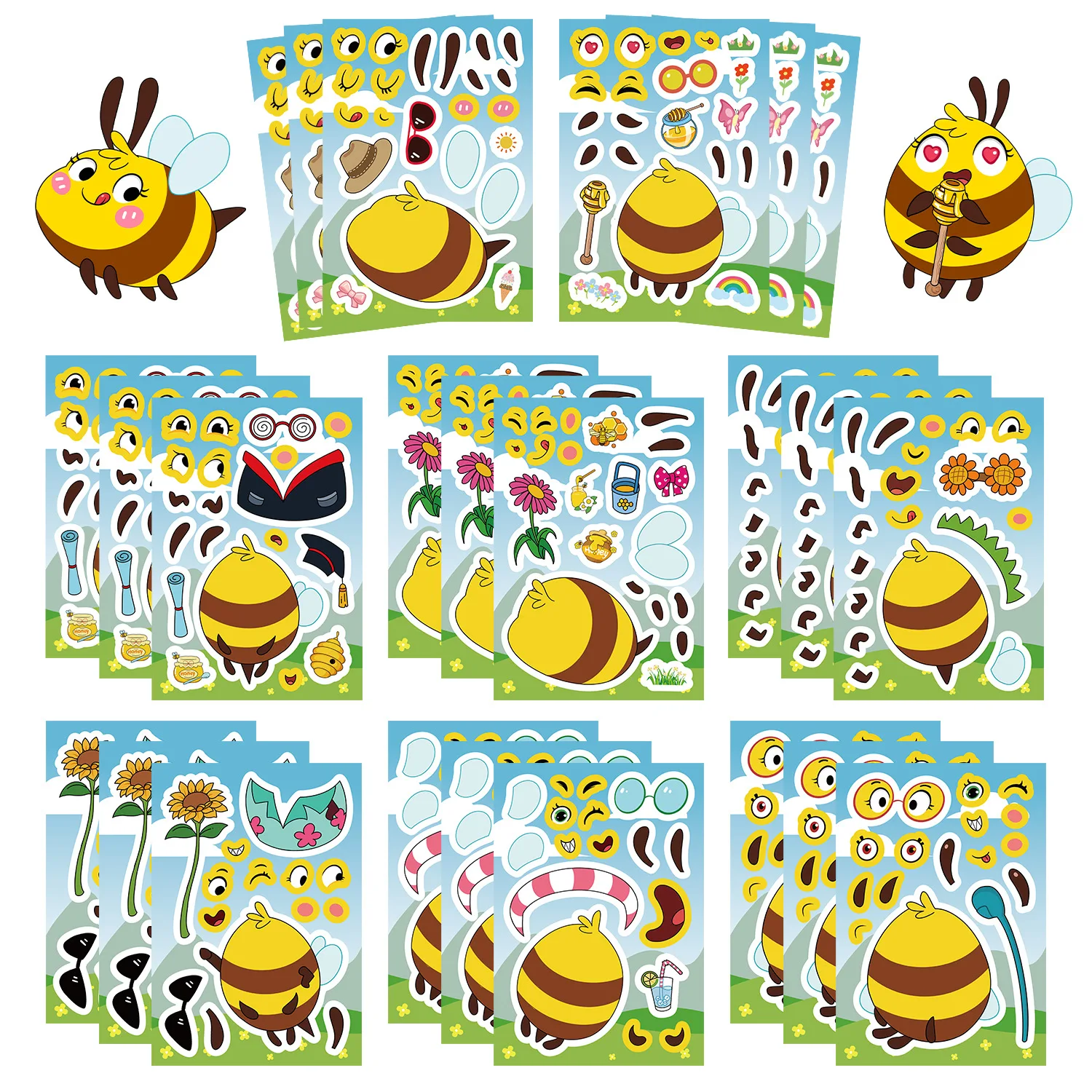 8/16 hojas hacer una cara pegatinas artesanales de abeja para niños DIY juegos de rompecabezas de animales pegatina de recompensa rompecabezas tablón de anuncios calcomanía de aula