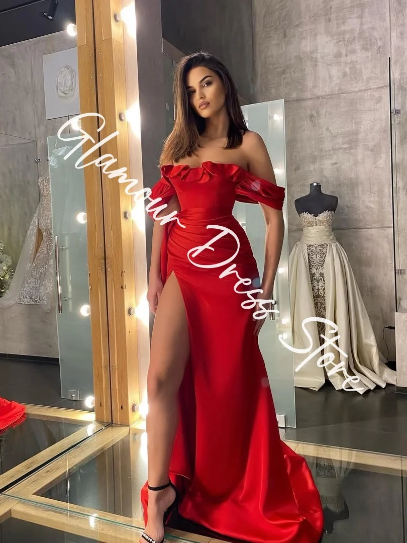 Customized Modern Satin A-Line Off The Shoulder Evening Dresses Strapless Short Sleeves Panel Train Red Celebrity Gown