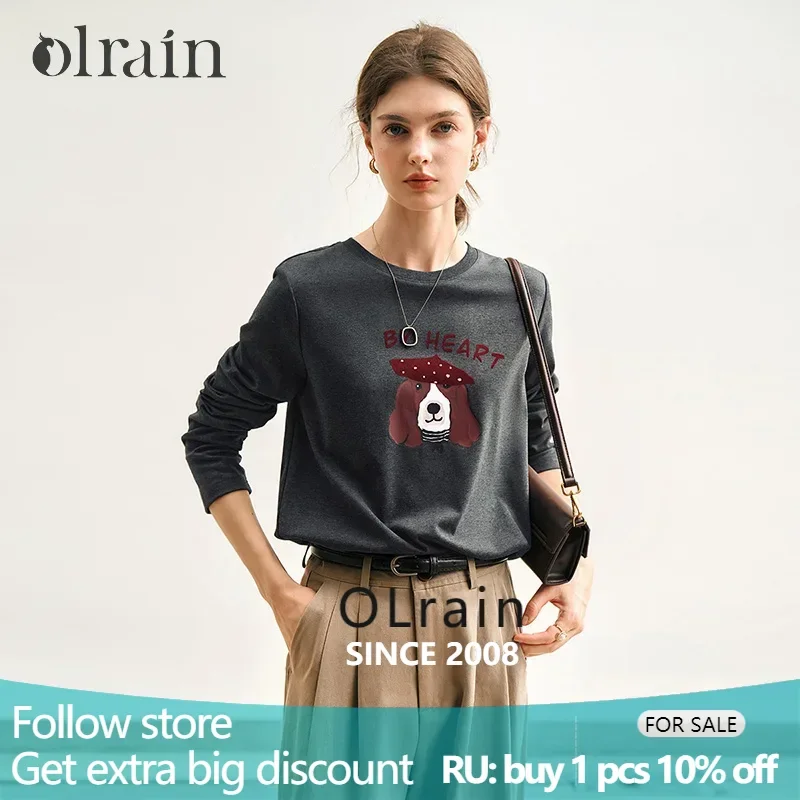 

OLrain Printing T-shirt Woman Spring 2025 New Cotton Knitted Crewneck Casual Loose Long Sleeve Comfort Gray Tops M57CT95629