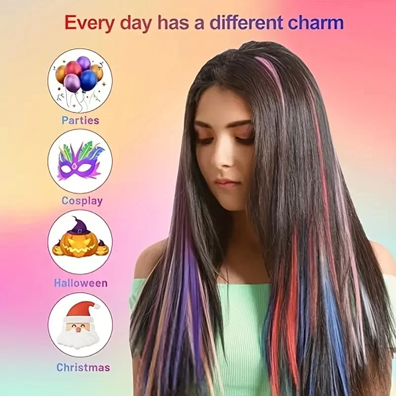 22Inch Colored Party Synthetic Clip in Hair Extensions for Girls Multi-colors Long Straight Hair Rainbow Hairpieces image 3