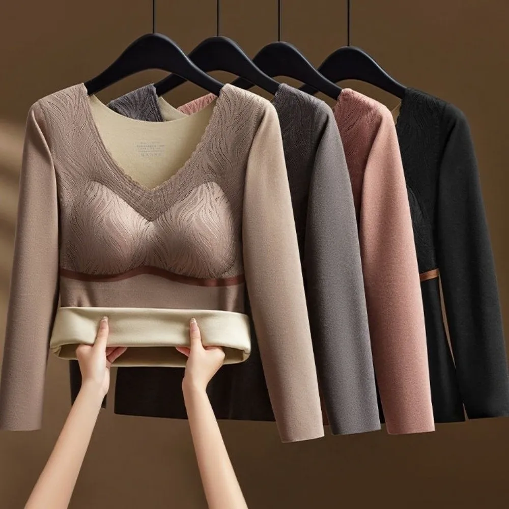 

Large Size Women Thermal Clothes U Round Neck Velvet Fleece Thermal Underwear Warm Tops Invisible Warmth Long Tops Girls Female