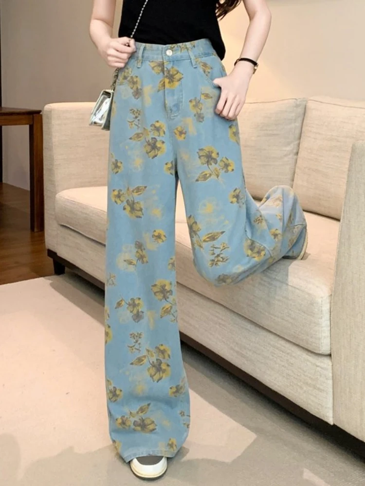 Damskie szerokie jeansy z retro kwiatowym wzorem, luźne, zwiewne spodnie do ziemi, codzienne spodnie dżinsowe z wysokim stanem i prostymi nogawkami.