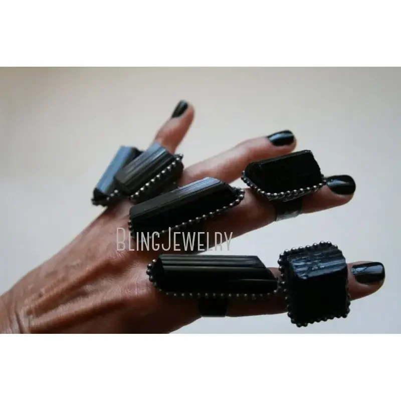 10pcs Witchdraft Black Tourmaline Crystal Stone Large Schorl Gothic Ring Goth Witch Wicca Boho Halloween Steampunk Emo Jewelry