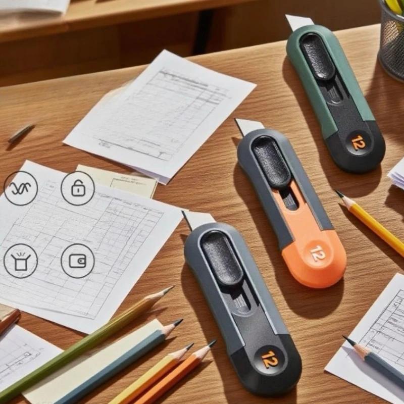 Deli Home Mini Auto-Retract Utility Knife Front Self-Locking Mini Cutter Magnetic Carton Box Cutter Opening Utility Knife