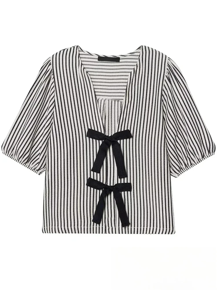 

KONDALA Повседневная шикарная женская полосатая блузка с бантом и коротким рукавом, свободные рубашки, новая мода, весна-лето 2025 года, повседневные элегантные блузки