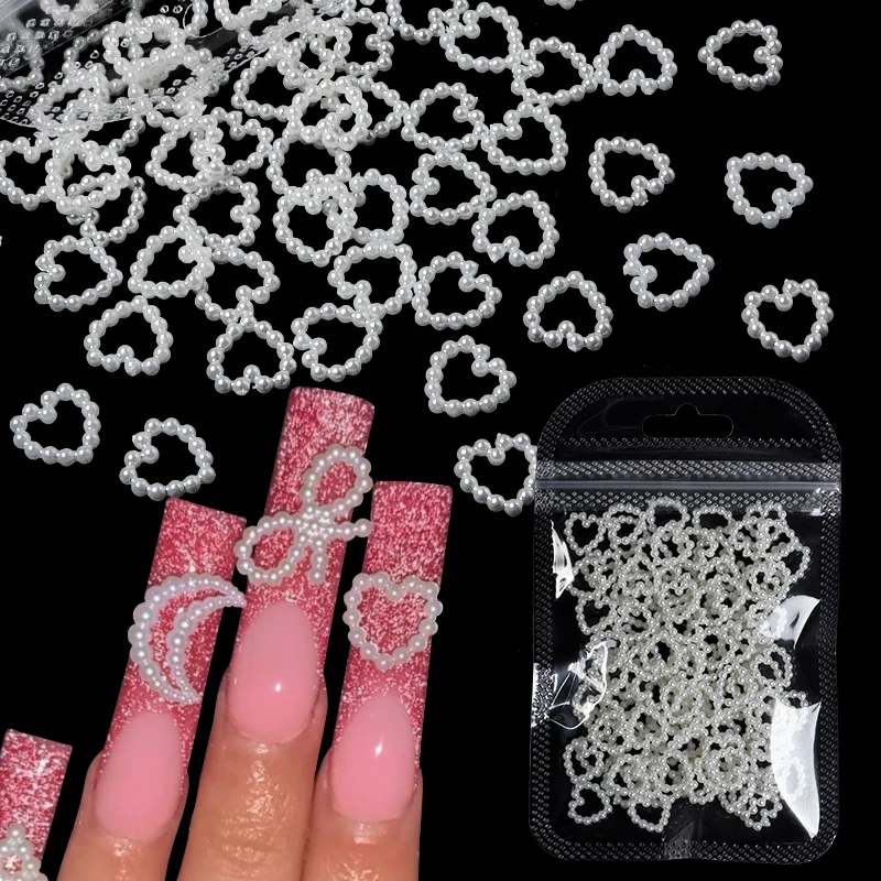 100Pcs/Bag Hollow Heart Pearl Nail Art Charms White Bubble Star Pearl Round Flatback 3D Nail Decoration DIY Manicure Accessories