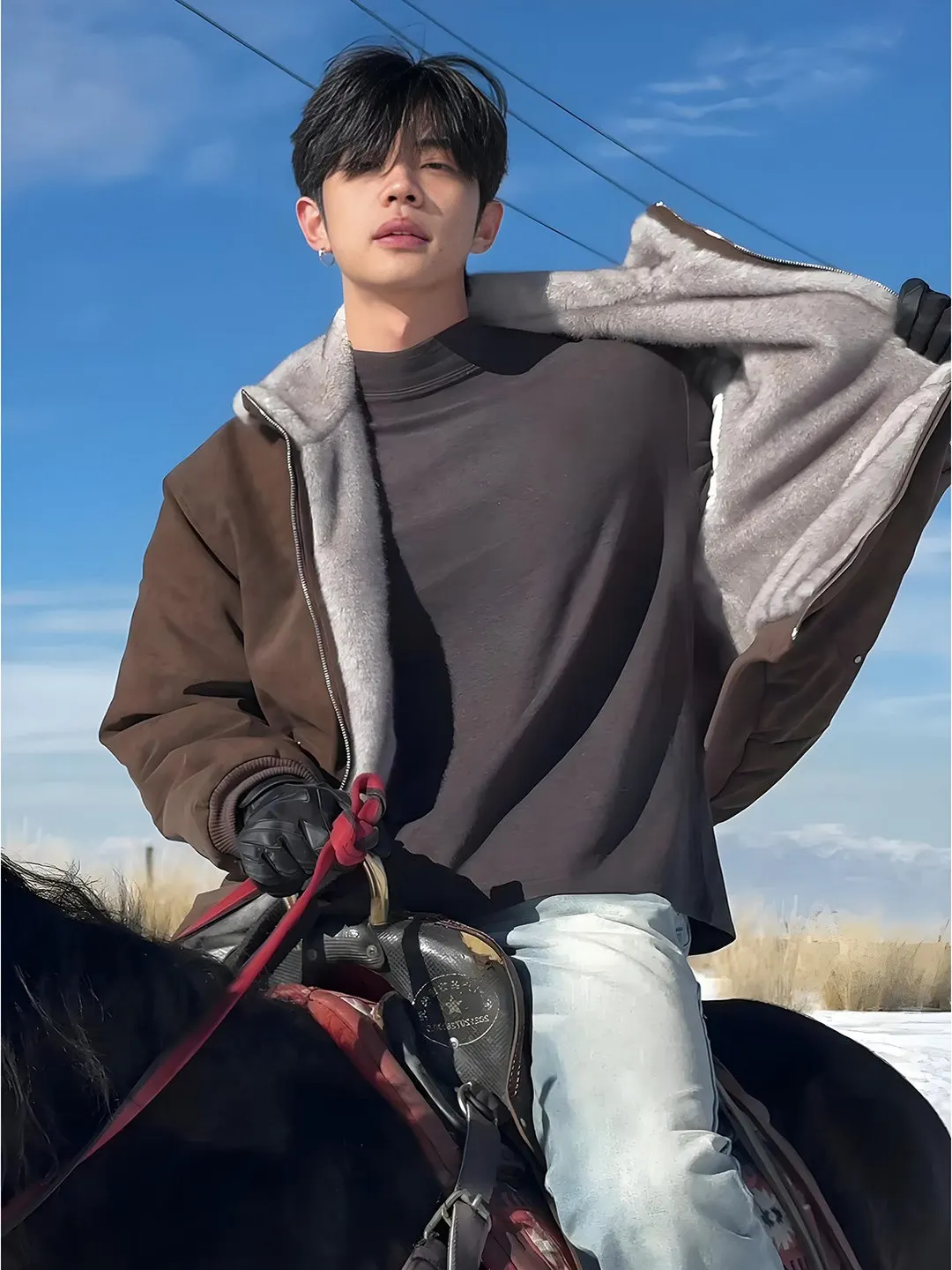 Caramel Faux  Fur Collar Thickened Short Cotton Jacket Men's Winter Warm PU Leather Cotton Coat Standard Fashion Urban Style