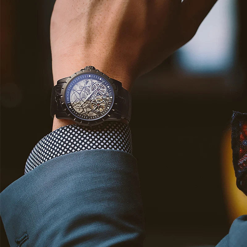 OBLVLO Men Military Skeleton Automatic Watch Mechanical Soft Calfskin Strap Sapphire Waterproof Double Flywheel Dial Clock RM-T