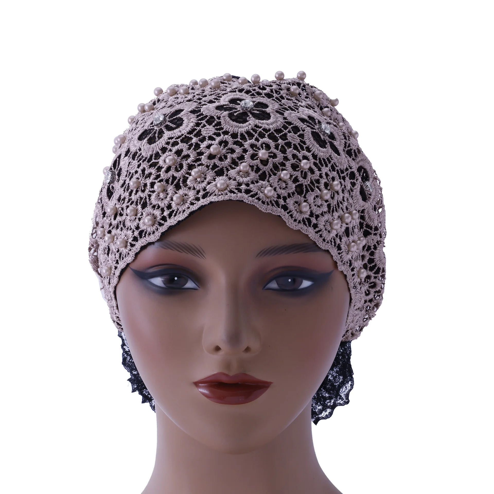 Muslim Women Beaded Hijab Inner Hat Lace Underscarf Turban Flower Headscarf Beanies Bonnet Hollow Out Headwear Turbante Mujer