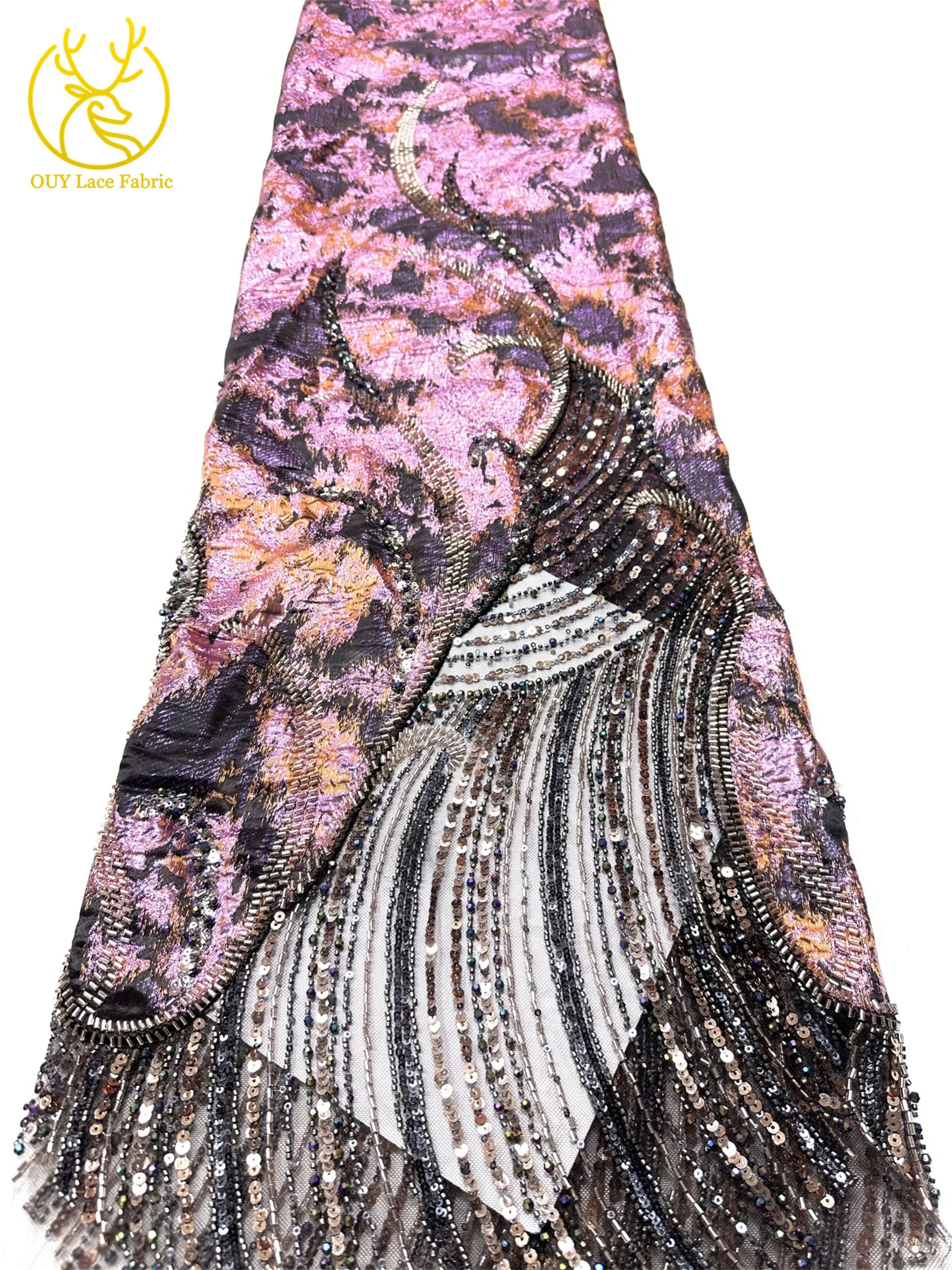 Lila luxuriöser afrikanischer schwere Perlen-Chiffon-Spitzenstoff 2026 Hochwertiger nigerianischer Pailletten-Spitzenstoff für Abendkleider 5 Yards – Detail 20