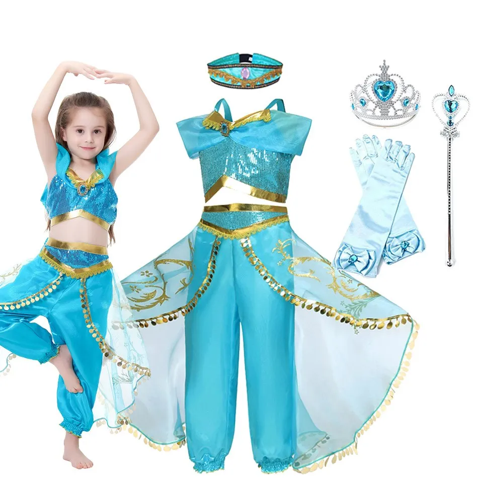 

Girls Jasmine Dress Summer Kids Arabian Princess Costume Jasmine Wig Baby Girl Princess Party Christmas Costume 3-10 Years