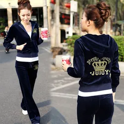 Fashionable And Trendy Velvet Women's Sports Suit 2024 Spring/ Autumn Zipper Hooded Sweater And Pants Set