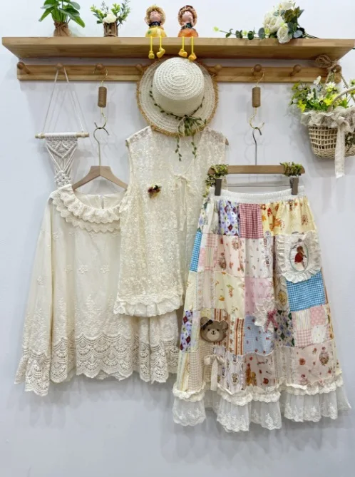 Japanese Vintage Lolita Mori Girl Lace Cartoon Plaid Print Patchwork Skirts Women Summer Elastic Waist Casual Cotton Skirts