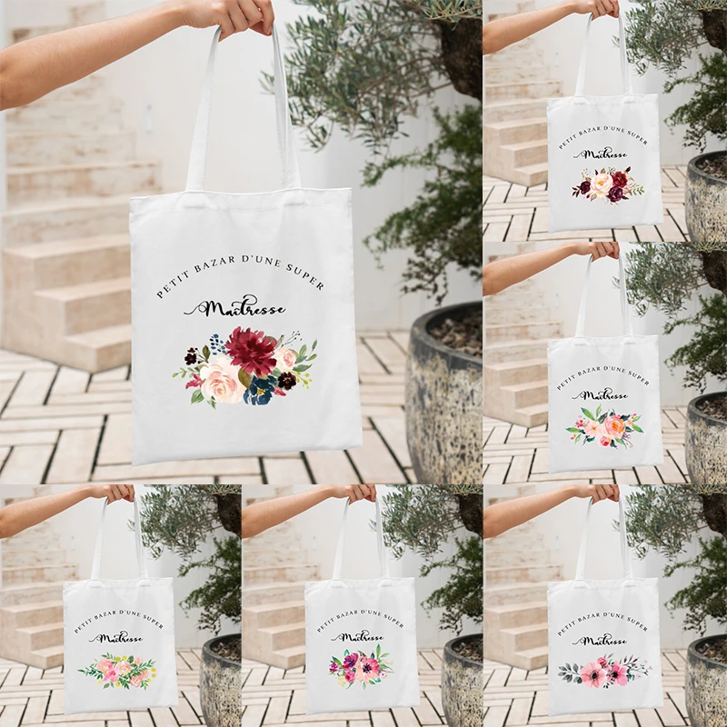 Bolso de mano con estampado de flores francesas para mujer, bolsa de compras de lona, estética