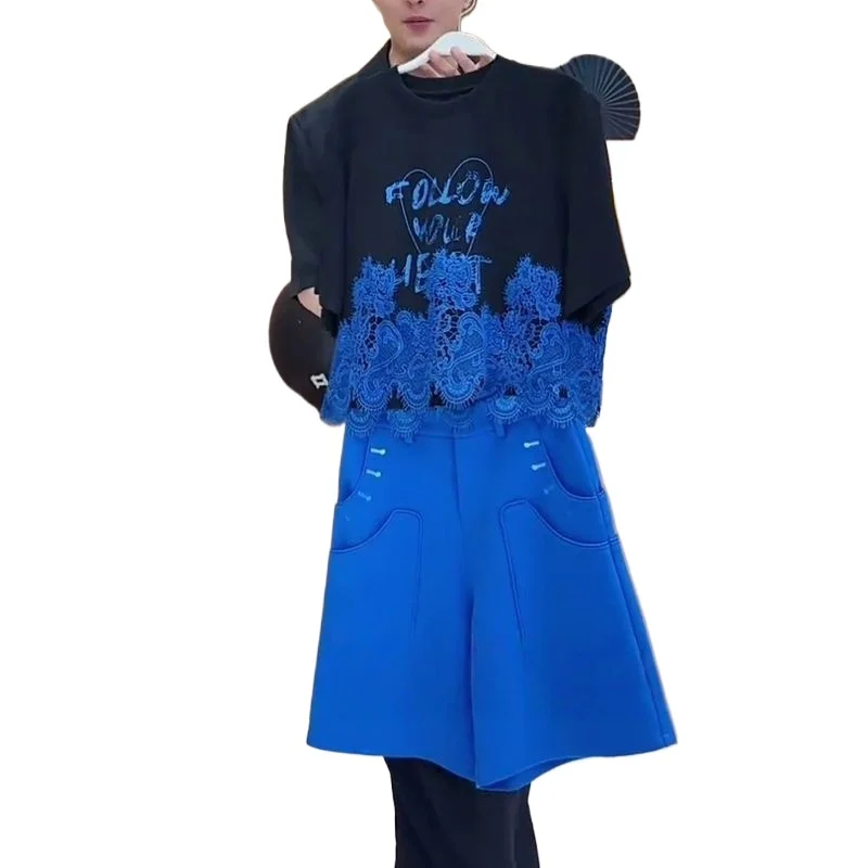 

High-end Fashion Casual Suit Women's 2026 Summer New Niche Lace Patchwork Top Shorts Two-piece Trend Temperament Commuting Sets