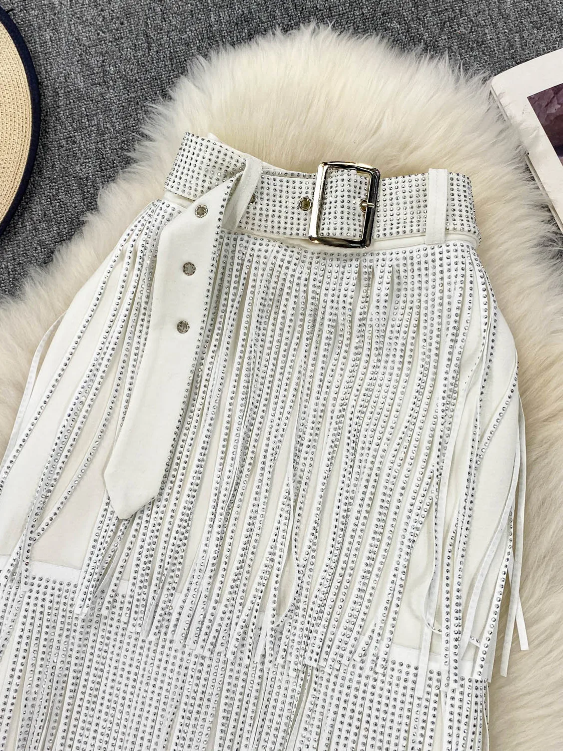 Długa spódnica midi z wysokim stanem, frędzlami i dżetami w kształcie gwiazdek, wyszczuplająca spódnica w kształcie litery A dla kobiet, letnia moda.