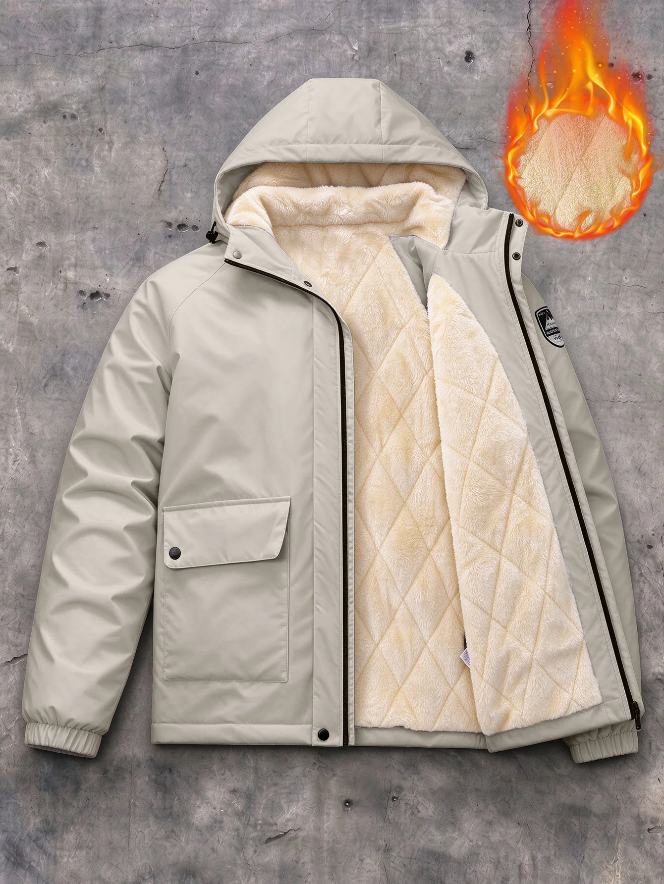 Men White Fleece Lined Hooded Jacket Thick Warm Winter Cargo Parka Windproof Outdoor Hooded Coat Multi Pockets Casual Outerwear