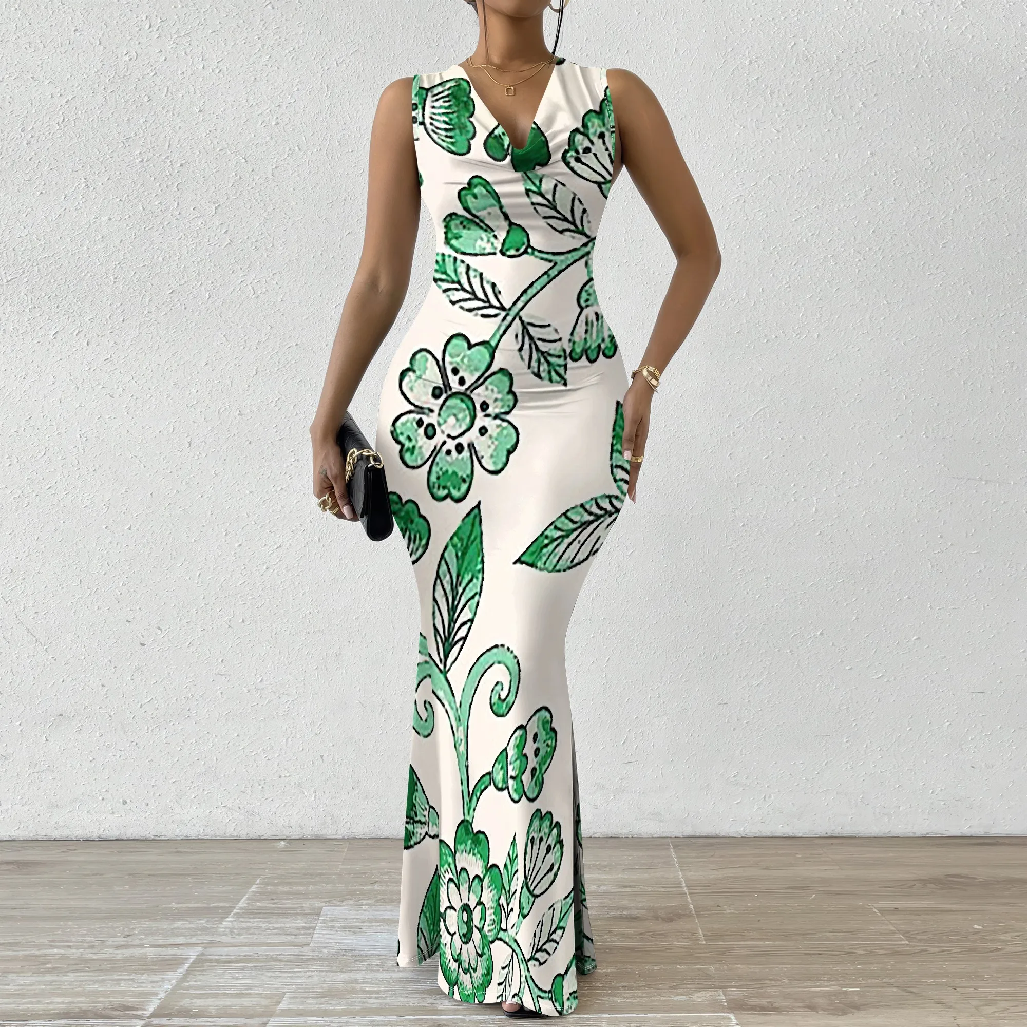 

Floral Print Bodycon Maxi Dress XS-2XL - Elegant Green & White Dress for Garden Parties, Spring Weddings & Summer Events