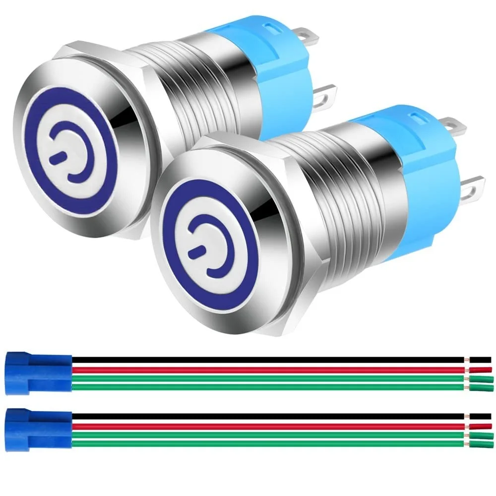 2 Pcs 0.47 Inch / 12 mm Stainless Steel Momentary Push Button Switch, 12V-24V 3A LED, Normally Open SPST ON-OFF Waterproof Toggl