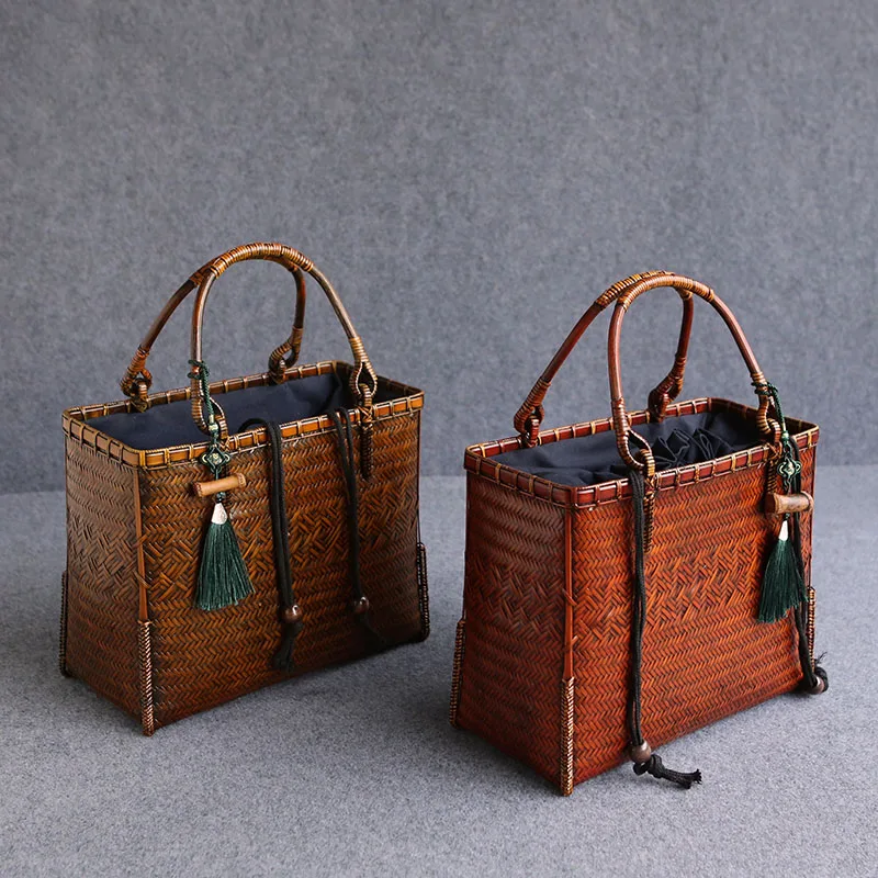 Retro Bamboo Woven Bag Luxury Designer Women's Handbags Tea Set Storage Handbag Summer Beach Straw Evening Bags Handmade Basket