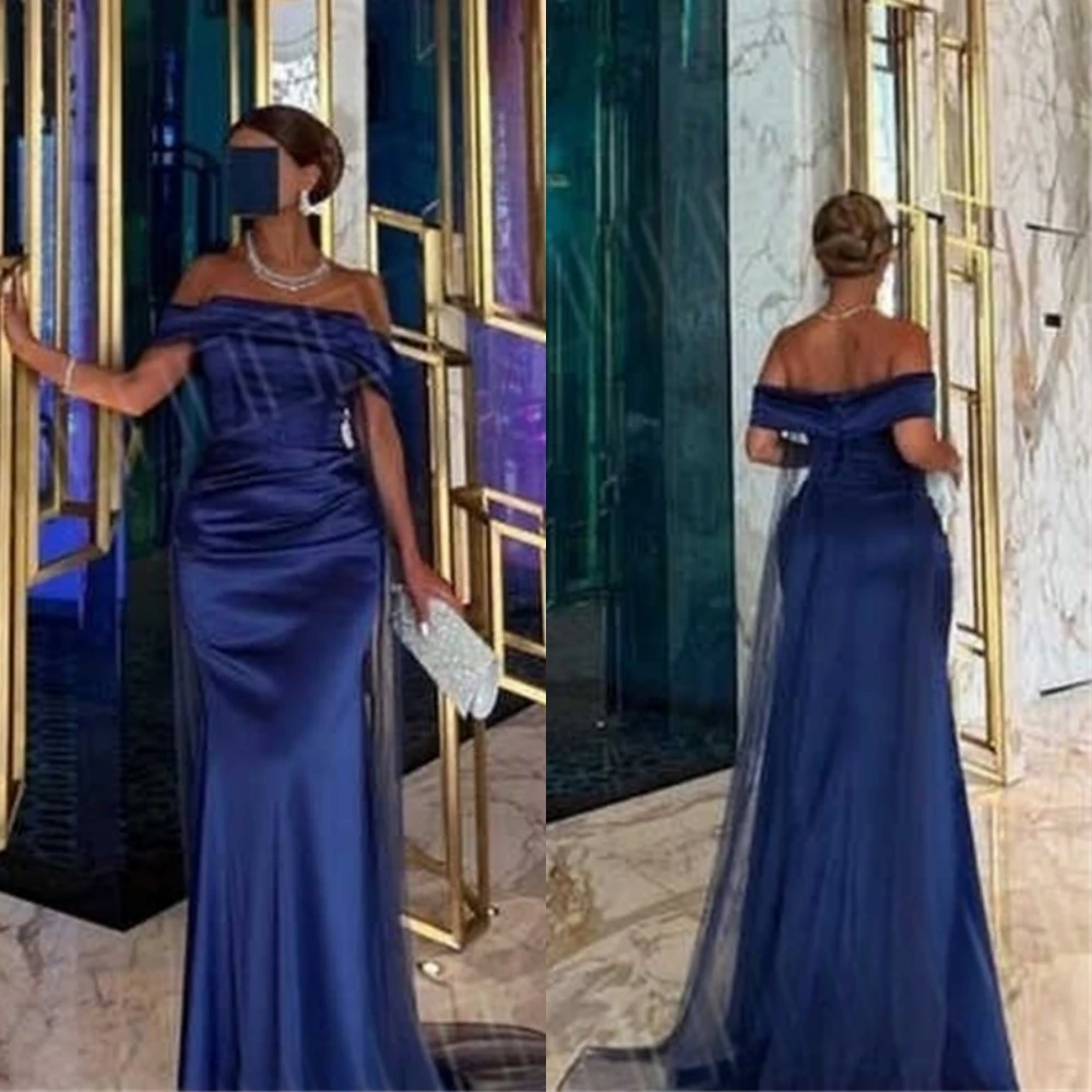 

Customized Delicate Blue Satin Evening Dress Elegant Graceful Strapless Cap Sleeve Cocktail Dress Exquisite Celebrity Gowns