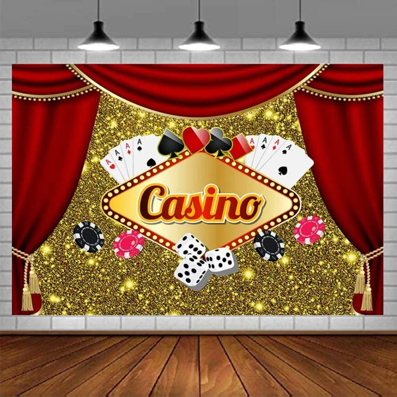 

Photography Backdrop For Casino Party Decorations Red Curtains 4A Playing Cards Dice Background Supplies Banner Poster