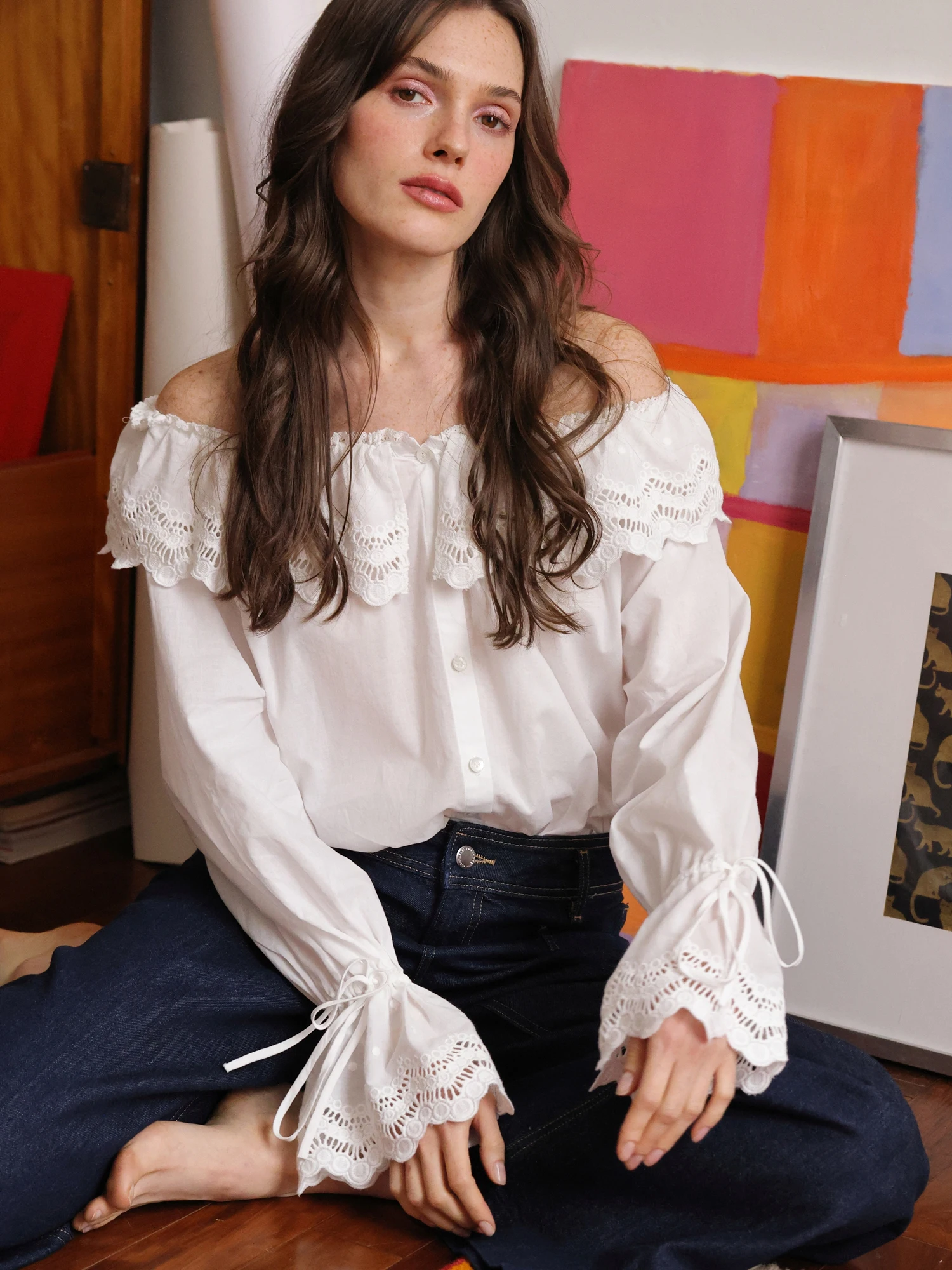 

Damostudio Baroque Court Style Pure Cotton Bell Sleeve One Shoulder Ruffle Trim Shirt Women's Loose Fit Long Sleeve Top