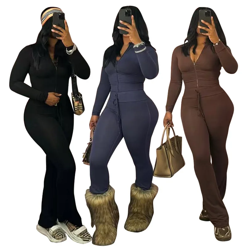 

Fitness Women 2 Piece Set Solid Long Sleeve Zipper Fly Sweatshirts Skinny Flare Pants Matching Set 2025 Autumn Spring Tracksuits