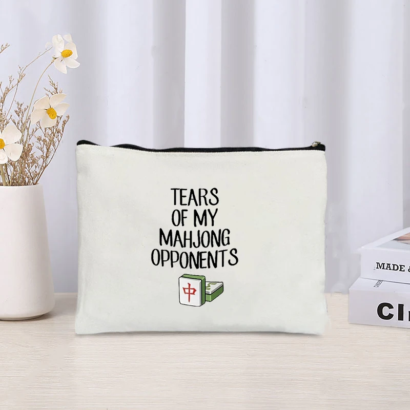 Mahjong Print Canvas Cosmetic Bag Zipper Storage Pencil Bags Wallet Travel Perfume Lipstick Makeup Bags Gift for Gambling Lover