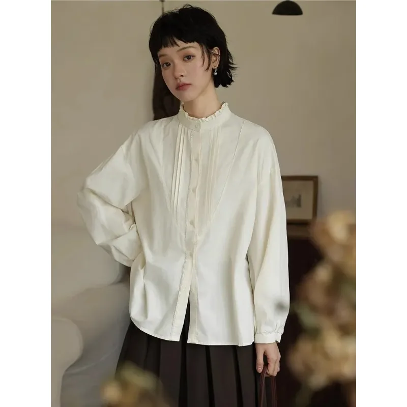 

Artistic Lace Stand-up Collar Long-sleeved Brushed Shirt for Women Autumn and Winter Layered Inner Top Design Cardigan