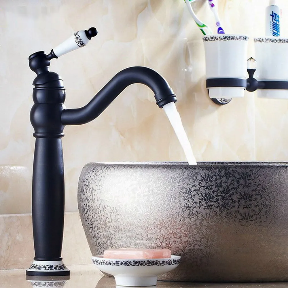 

Black Oil Rubbed Brass Ceramic Base Kitchen Wet Bar Bathroom Vessel Sink Faucet Single Hole Swivel Spout Mixer Tap anf506