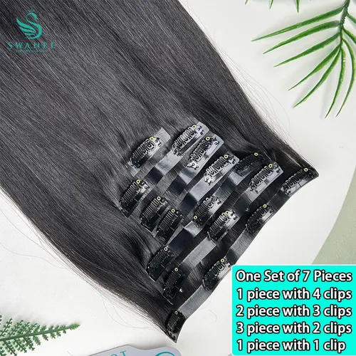 Clip recto sin costuras Ins cabello humano PU Clip en extensiones de cabello piel de cabello humano Clip de doble trama para mujeres 100g 7 unids/set