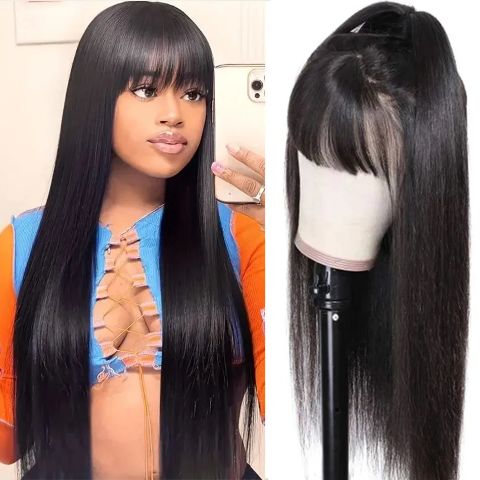 

Natural Color Human Hair Wigs With Bangs Bone Straight Wig With Bangs Fringe Wigs Full Machine Made Wig Peruvian Remy Hair