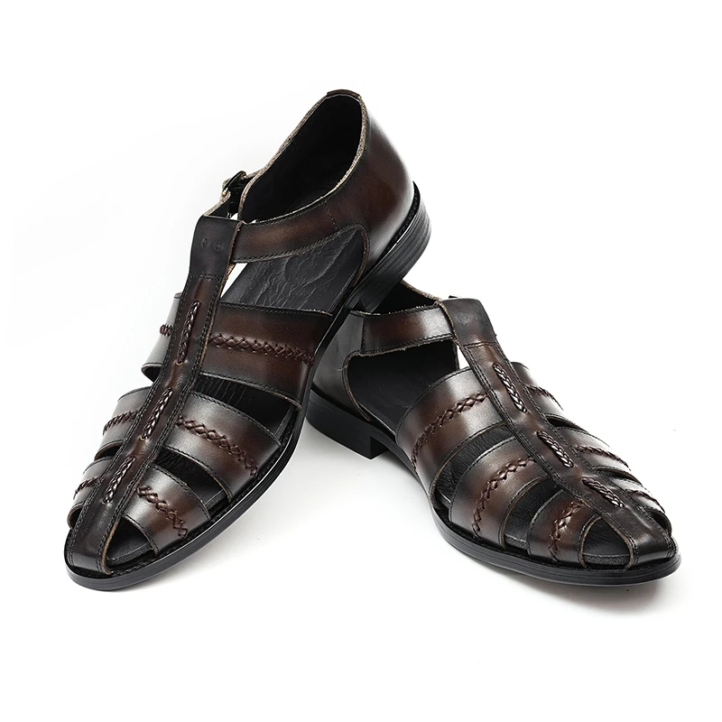Retro Sandals Men's Genuine Leather Cowhide Buckle Hollow Formal Business Work Casual Footwear Scalp Sandals for Men Holiday