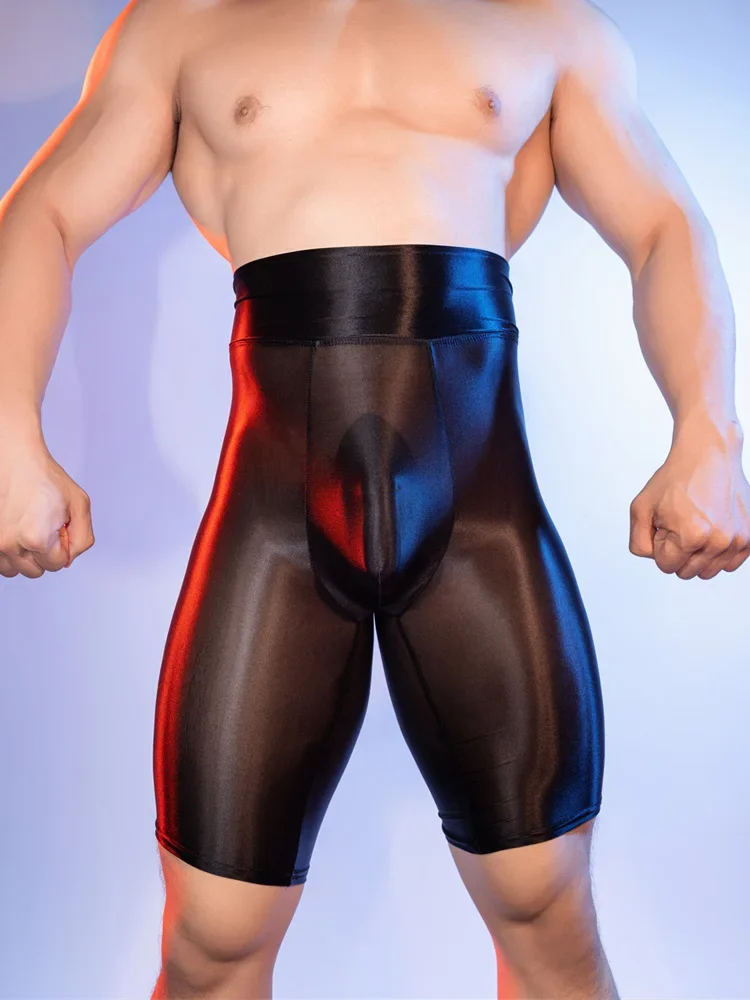 Bragas cortas sexis de cintura alta para hombre, Boxer con bolsa para bulto convexo en U, ropa interior transparente transpirable suave con manchas brillantes al óleo