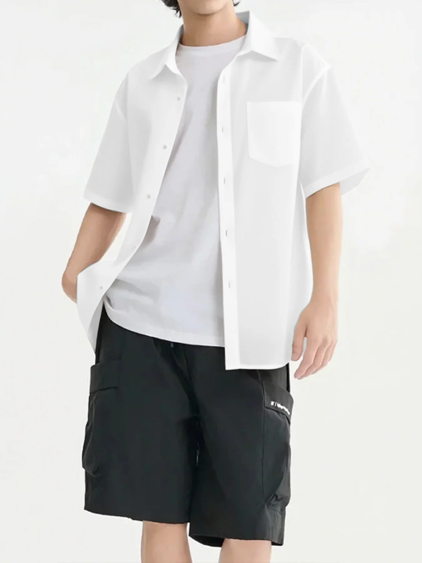 

Simple Solid Color Short-Sleeve Shirt for Men, Summer Japanese-Style Solid Color Polo Casual Hong Kong-Style Shirt