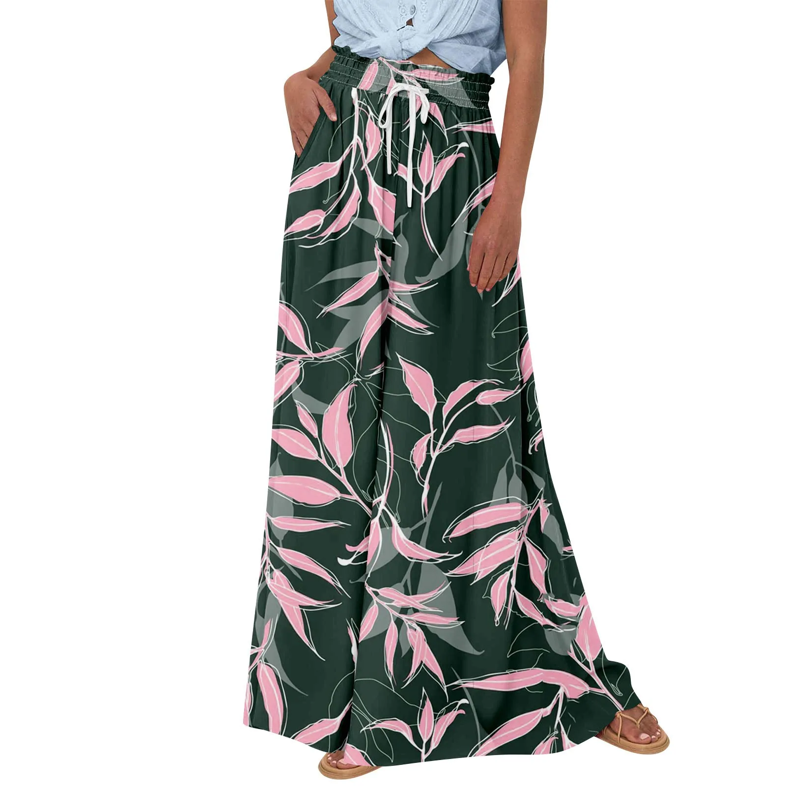 Women'S Wide Leg Trousers Drawstring High Waisted Summer Casual Flowing Pants With Pockets Trend Retro Floral Print Beach Pants