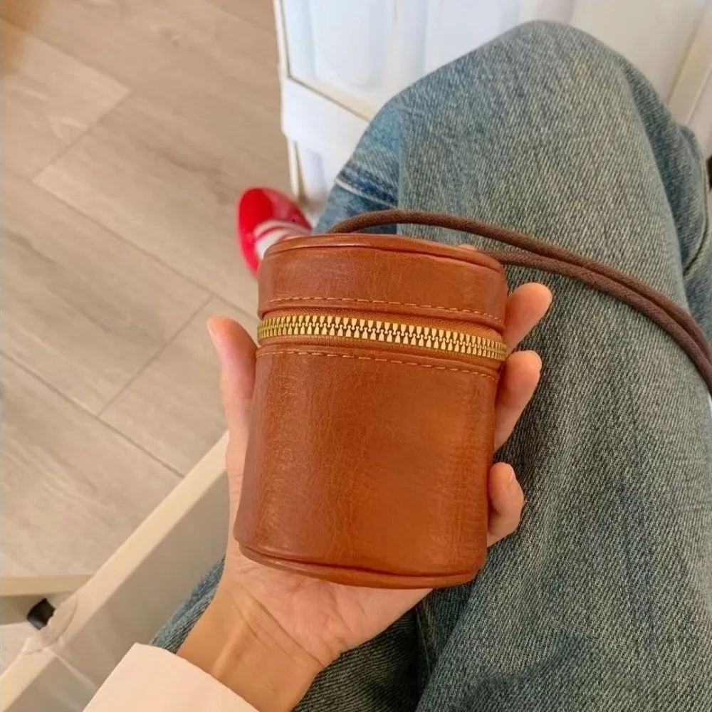 Simple Leather Zipper Wallet Mini Card Holder Lipstick Storage Bag Bucket Bag Multi-Functional Cosmetic Bag Student