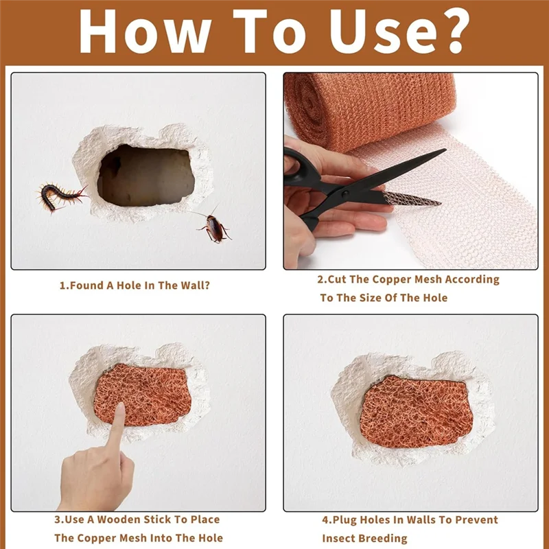 AT02-4-Piece Copper Mesh Rodent Control Kit 5 X 33Inch Rust-Proof Copper Mesh Roll For Gardening Seals Water Openings