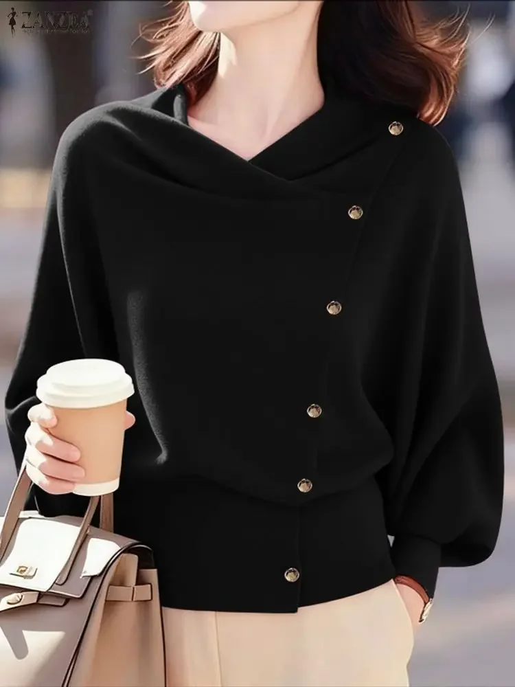 

ZANZEA, стильная офисная блузка с длинными рукавами, рубашка, осень 2021, вязаные топы, элегантная женская рабочая блузка, однотонный тонкий свитер, пуловер