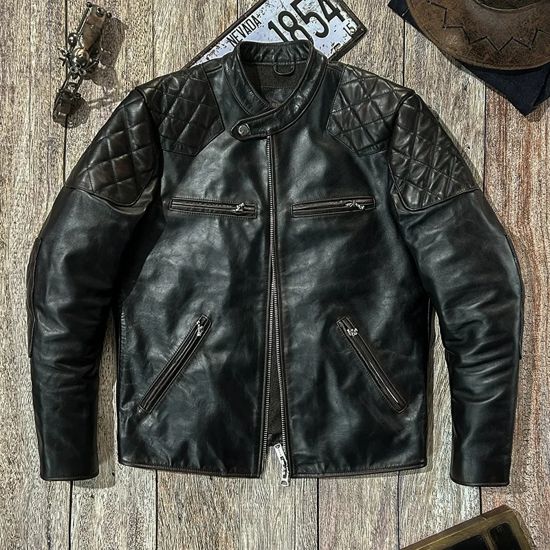 Retro Black Spring Leather Jacket Men Stand Collar Casual Style Plus Size 4XL Natural Cowhide Slim Fit Genuine Leather Jacket