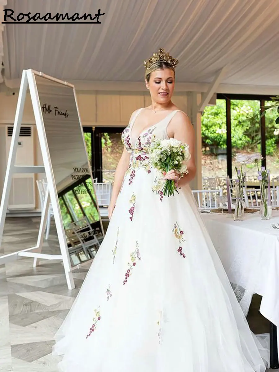 Plus size com decote em v sem costas a linha vestidos de casamento colorido apliques florais rendas personalizado país vestidos de noiva